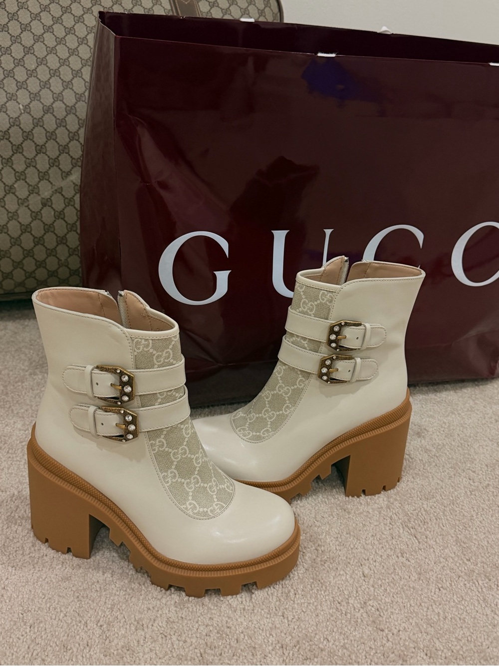 Gucci Cream & Tan Platform Ankle Boots with Buckle Detail